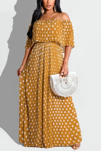 summer new plus size stretch off-the shoulder polka dot batch printing pleated stylish casual maxi dress