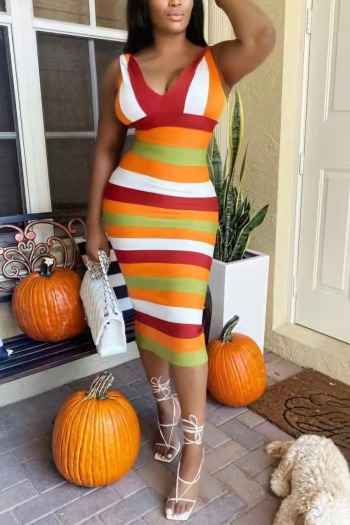 summer new stylish orange striped batch printing stretch slit slim v-neck casual midi dress