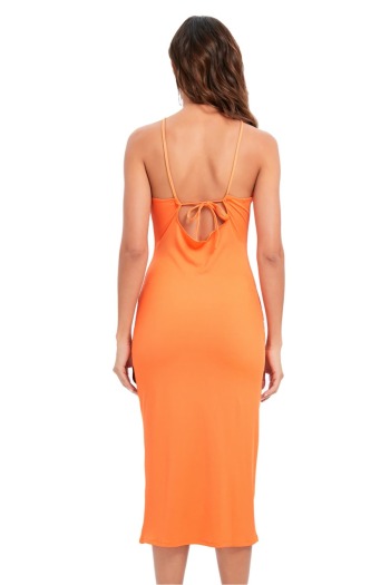 summer new solid color orange stretch backless sling sexy midi dress