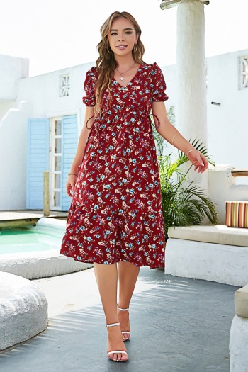 summer new stylish batch printing inelastic v-neck waist-tuning lace-up casual midi dress