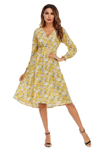 summer new plus size floral batch printing inelastic long sleeves v-neck stylish casual midi dress