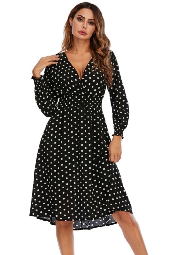 summer new plus size polka dot batch printing inelastic long sleeves v-neck stylish casual midi dress