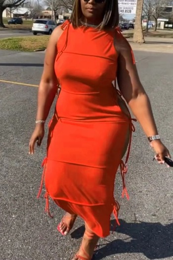 S-4XL summer new solid color orange stretch hollow tie side sexy midi dress