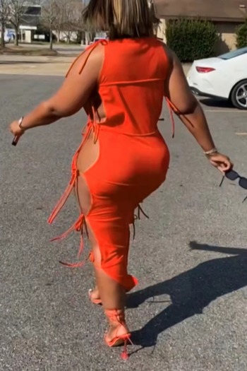 S-4XL summer new solid color orange stretch hollow tie side sexy midi dress