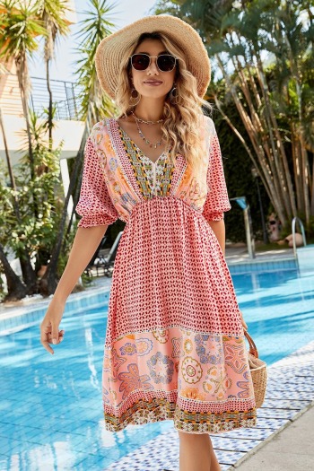 summer new pastoral style fixed printing v-neck backless stylish casual midi dress