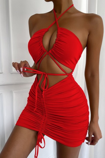 XS-L summer new stylish simple solid color stretch slim hollow halter neck shirring backless sexy mini dress