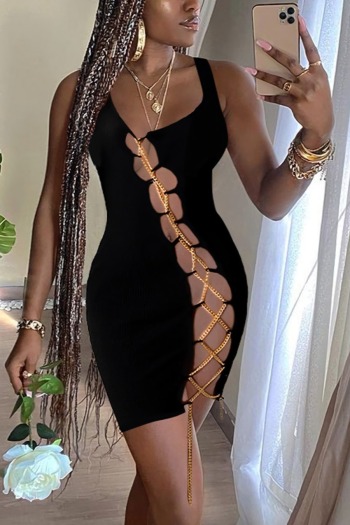 summer new stylish simple solid color 5-colors hollow metal chain stretch slim plus size sexy mini dress