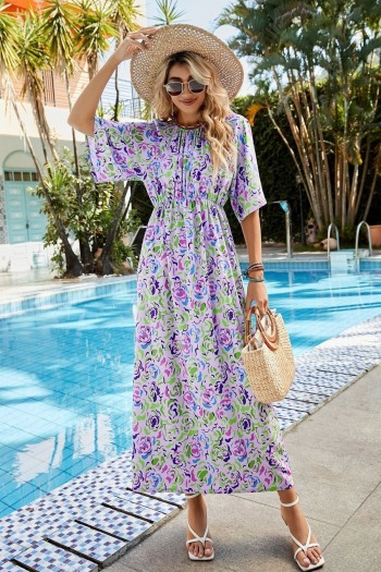 summer new stylish inelastic floral batch printing elbow sleeves casual maxi dress