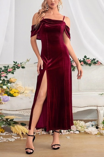 xs-l spring new stylish simple solid color velvet high slit sling zip-up micro-elastic maxi dress