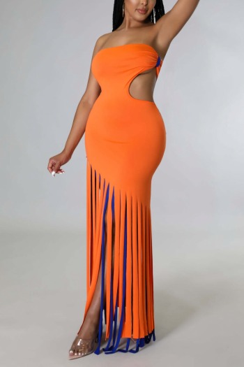 summer new plus size two colors orange stretch tube design hollow tassel sexy maxi dress
