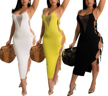 Summer new stylish simple solid color mesh patchwork see-through lace-up hollow sling stretch plus size sexy midi dress