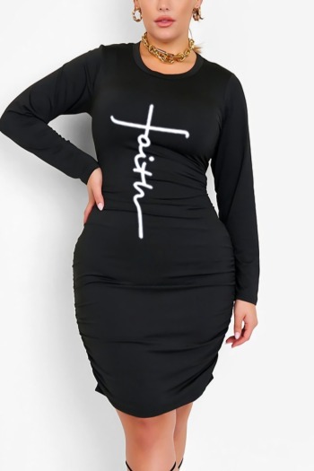 spring new plus size 3 colors stretch letter fixed printing hollow long sleeves shirring stylish casual mini dress