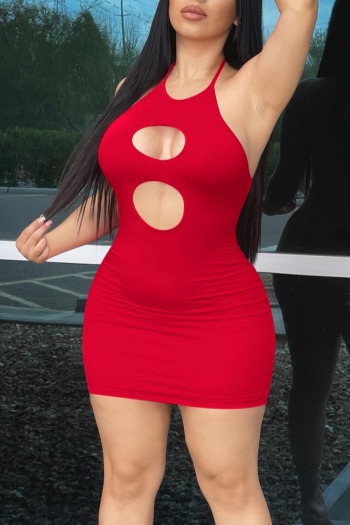 summer new stylish simple solid color 6 colors stretch slim hollow halter neck backless plus size sexy mini dress