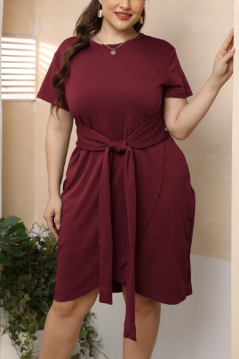 l-4xl plus size summer new stylish solid color stretch lace-up short sleeves irregular casual midi dress