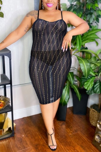 l-4xl plus size summer new stylish mesh see-through stretch contrast color sling sexy midi dress