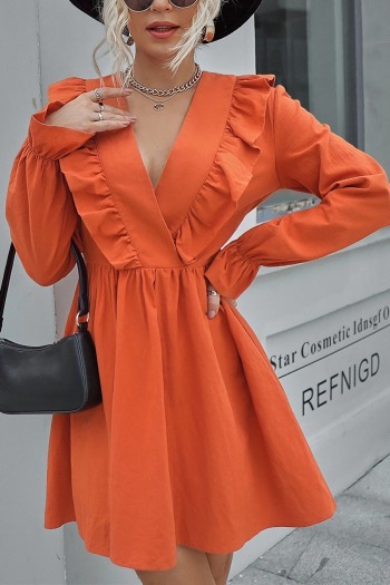 xs-l spring new stylish simple solid color orange inelastic v-neck ruffled casual mini dress