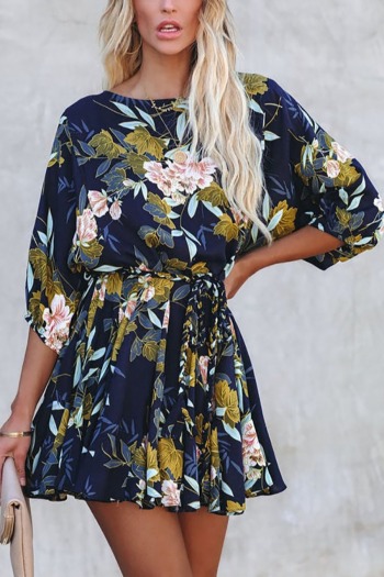 summer new stylish inelastic floral batch printing plus size three-quarter sleeves casual mini dress(with belt,with lining)