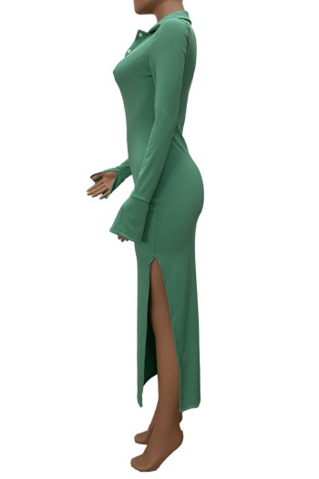 Spring new stylish simple solid color single-breasted stretch high slit ribbed knit sexy maxi dress