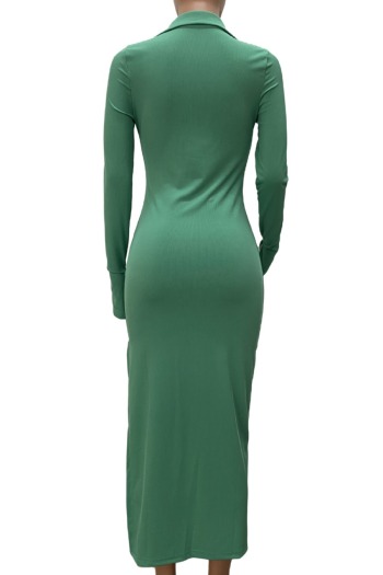 Spring new stylish simple solid color single-breasted stretch high slit ribbed knit sexy maxi dress