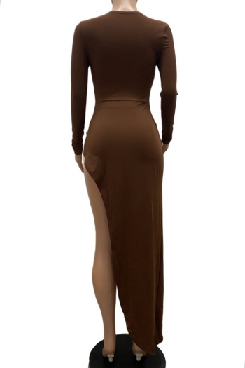 Spring new stylish simple solid color stretch hollow high slit irregular plus size sexy maxi dress