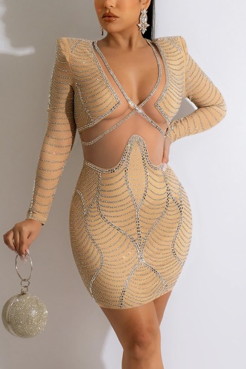 spring new plus size two colors see through mesh patchwork stretch shoulder-padded rhinestone decor zip-up back sexy bodycon mini dress