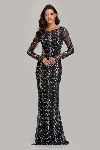 New stylish simple sequins stretch zip-up mesh patchwork see-through long sleeve plus size elegant maxi evening dress(with lining)