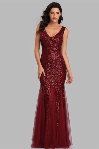 New stylish mesh patchwork sequin sleeveless stretch 5 colors plus size zip-up elegant maxi evening dress(with lining,with padded)