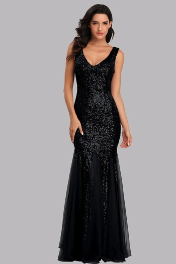 New stylish mesh patchwork sequin sleeveless stretch 5 colors plus size zip-up elegant maxi evening dress(with lining,with padded)