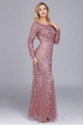 New stylish mesh patchwork sequin embroidery inelastic long sleeves plus size elegant maxi evening dress(with lining)