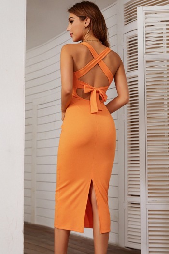 xs-l summer new stylish simple solid color orange stretch slim slit sling hollow backless sexy midi dress
