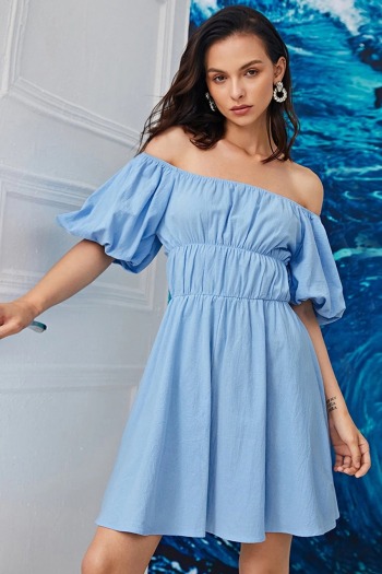 xs-l summer new stylish simple solid color inelastic off-shoulder puff sleeve casual mini dress