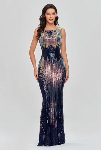 new stylish sequins plus size stretch zip-up with padded sleeveless elegant maxi evening dress(with lining)