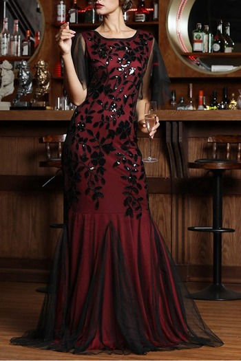 xl-3xl plus size new stylish sequin mesh patchwork stretch elegant maix evening dress(with lining)