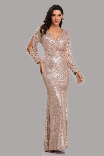 new stylish simple solid color sequin hollow stretch 7 colors plus size v-neck zip-up with padded elegant maxi evening dress(with lining)