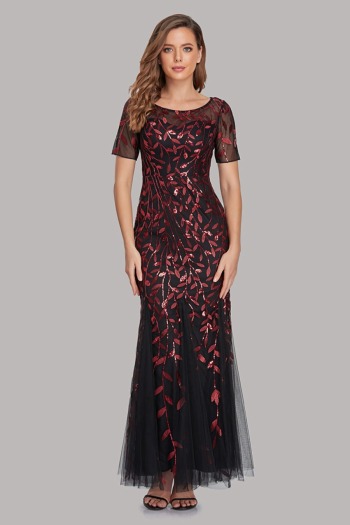 new stylish mesh sequin patchwork embroidery inelastic plus size 7 colors zip-up elegant maxi evening dress (with lining)