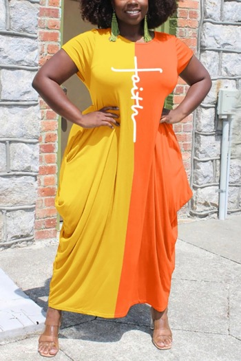 Summer new plus size five colors orange letter printing contrast color patchwork stretch pockets loose casual maxi dress