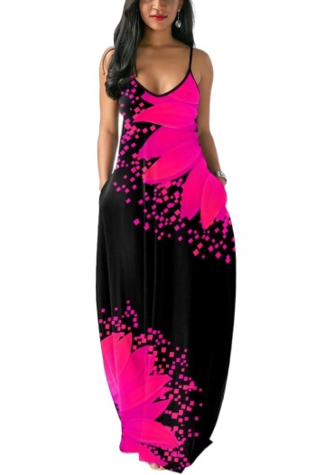 S-5XL plus size 5 colors orange leaf fixed printing spliced stretch pockets sling backless sexy maxi dress