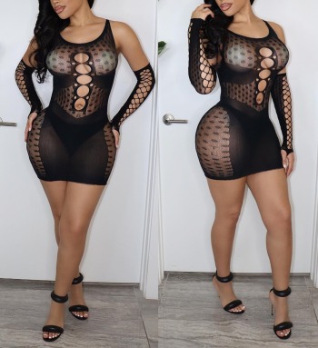 Summer new stylish solid color hollow stretch slim mesh see-through sexy mini dress(with a pair of sleeves)