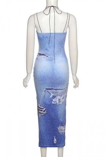Summer new stylish stretch tie-dyed printing halter-neck lace-up hollow slim sexy midi dress