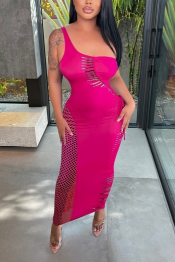 Summer new stylish solid color 3 colors plus size stretch fishnet see-through hollow one-shoulder sexy maxi dress