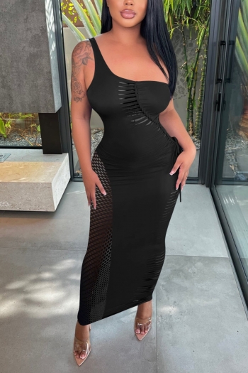 Summer new stylish solid color 3 colors plus size stretch fishnet see-through hollow one-shoulder sexy maxi dress
