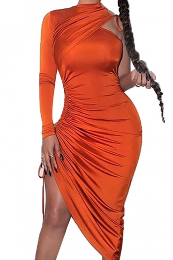 Spring new stylish simple 3 colors solid orange stretch drawstring slim casual midi dress