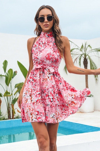 Summer new three colors floral batch printing inelastic chiffon tie-waist stylish sweet vacation style mini dress