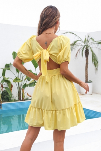 Summer new solid color inelastic square-neckline backless tied stylish vacation style mini dress
