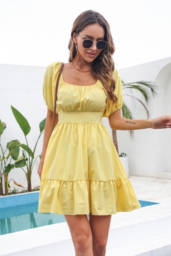 Summer new solid color inelastic square-neckline backless tied stylish vacation style mini dress