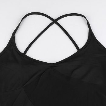 Summer new solid color cross sling stitching mesh see-through stretch midi dress