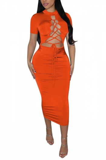 summer new plus size stretch 4 colors orange hollow lace-up shirring slim sexy midi dress