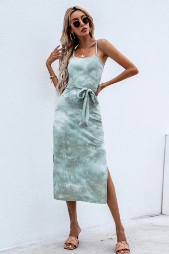 summer new stylish stretch tie-dyed printing split sling backless knitted sexy midi dress with belt