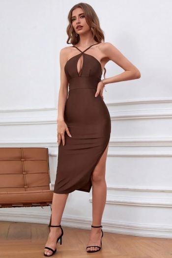 summer new stylish solid color stretch hollow crossed sling backless split slim sexy midi dress