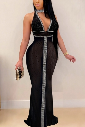 s-3xl plus size summer new stylish see through mesh spliced stretch rhinestone halter-neck button backless sexy maxi fishtail dress